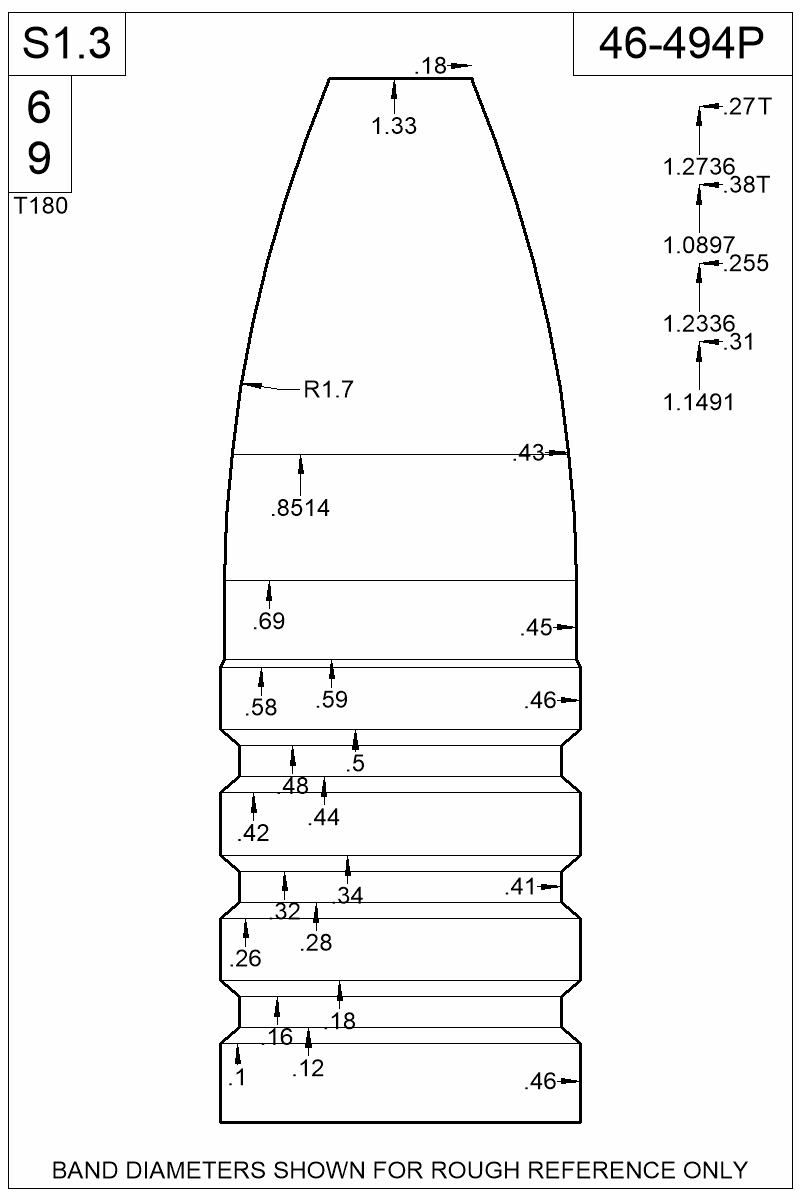 Dimensioned view of bullet 46-494P