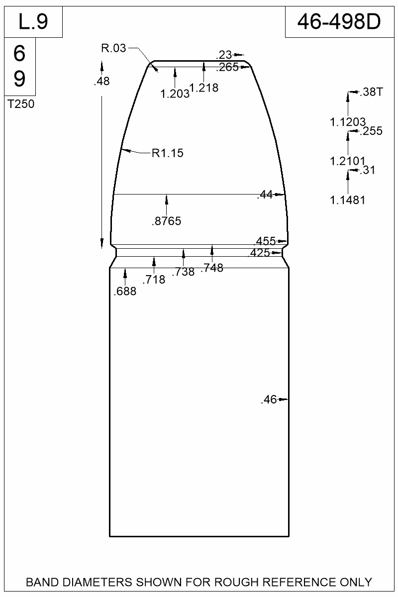 Dimensioned view of bullet 46-498D