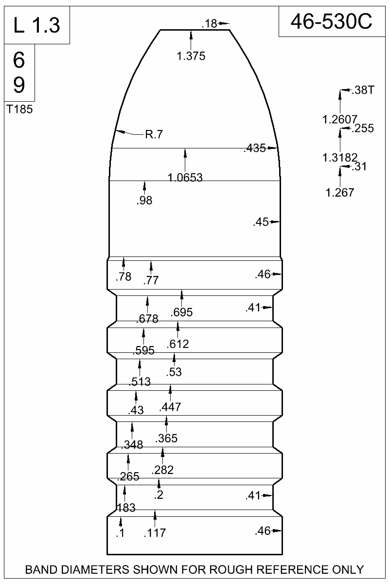 Dimensioned view of bullet 46-530C