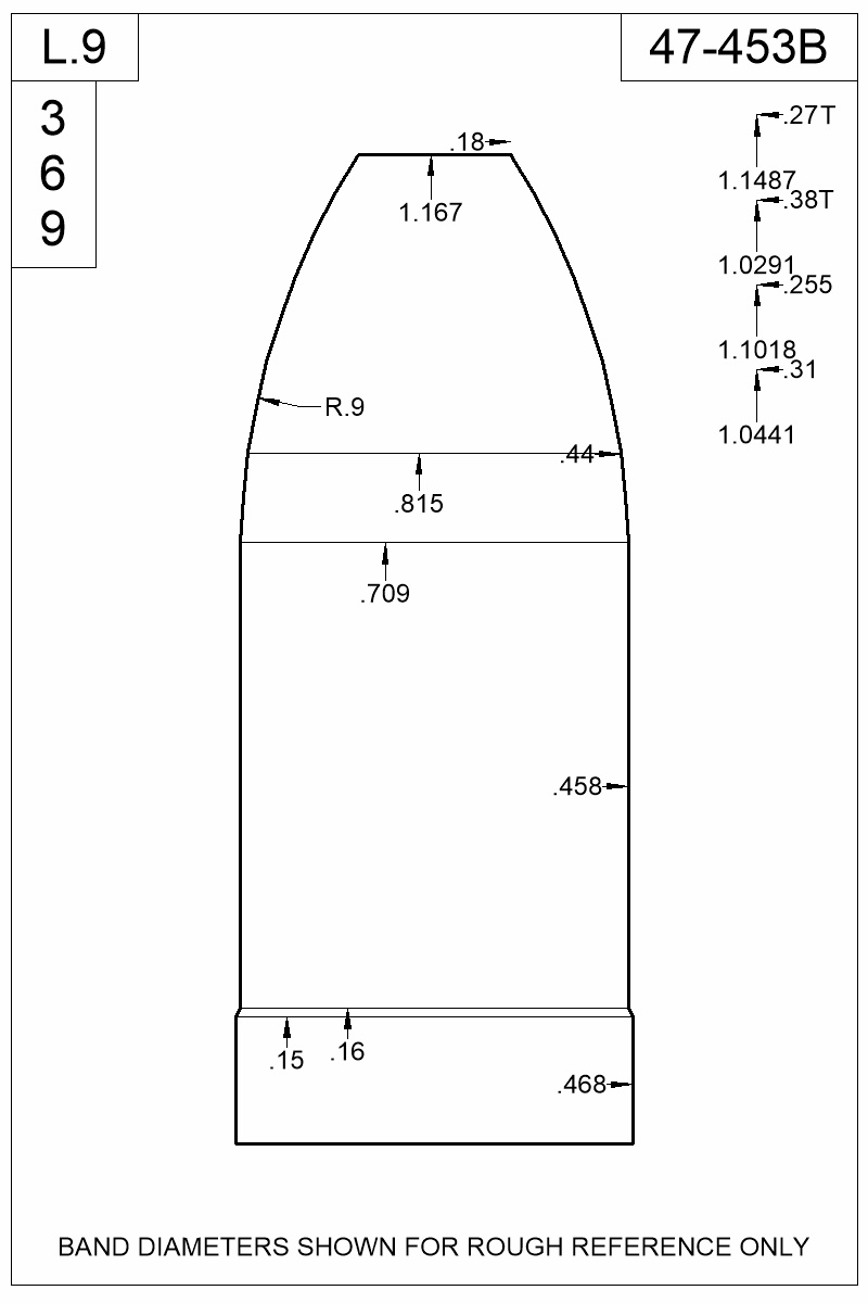 Dimensioned view of bullet 47-453B