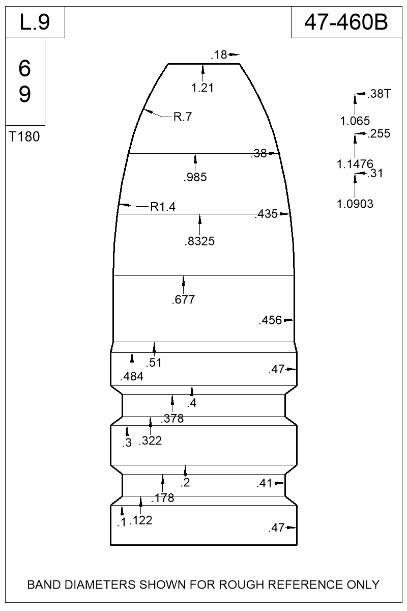 Dimensioned view of bullet 47-460B