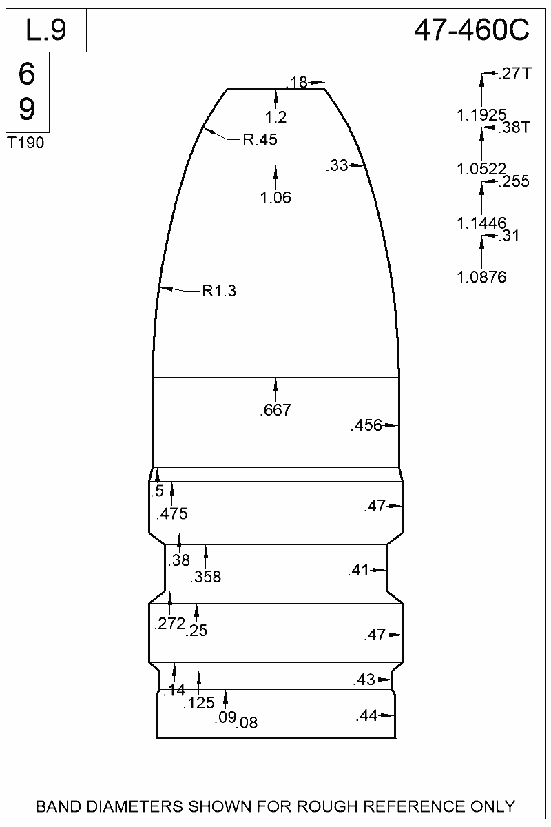 Dimensioned view of bullet 47-460C
