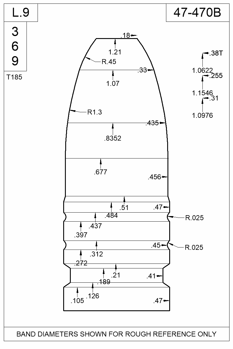 Dimensioned view of bullet 47-470B