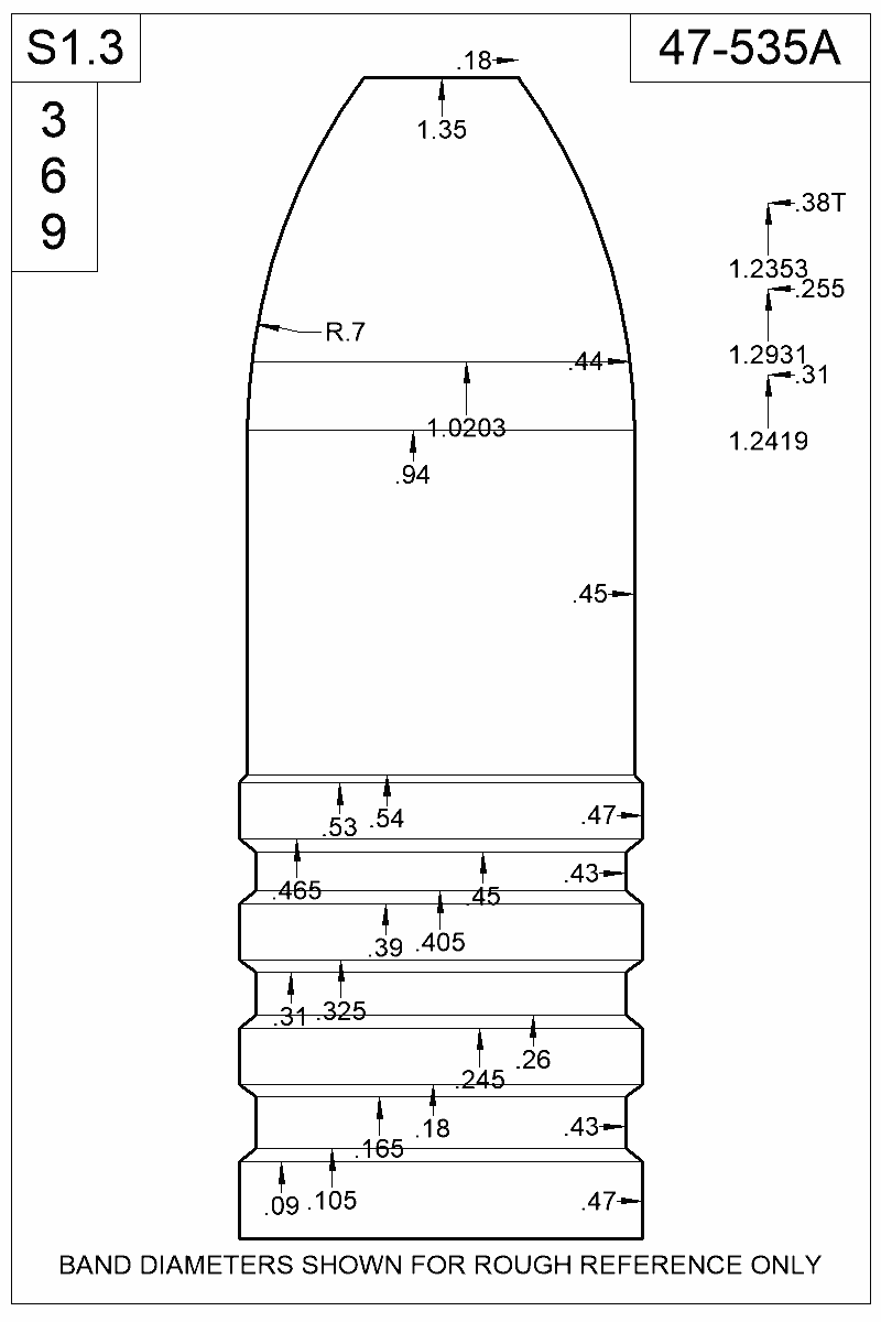 Dimensioned view of bullet 47-535A