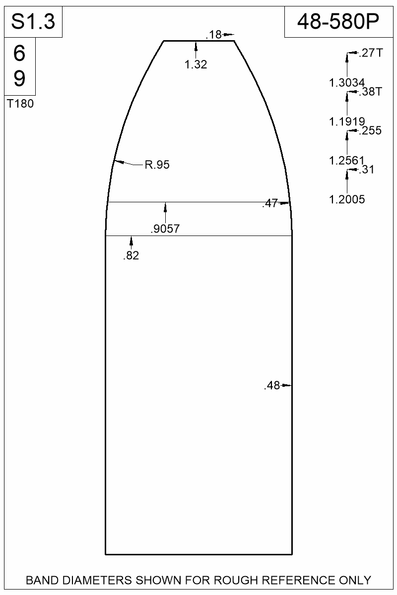Dimensioned view of bullet 48-580P