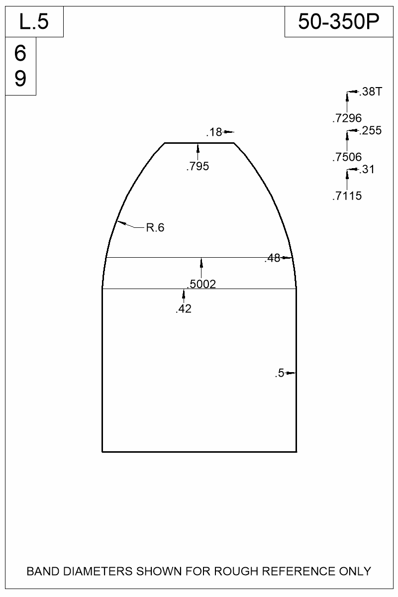 Dimensioned view of bullet 50-350P