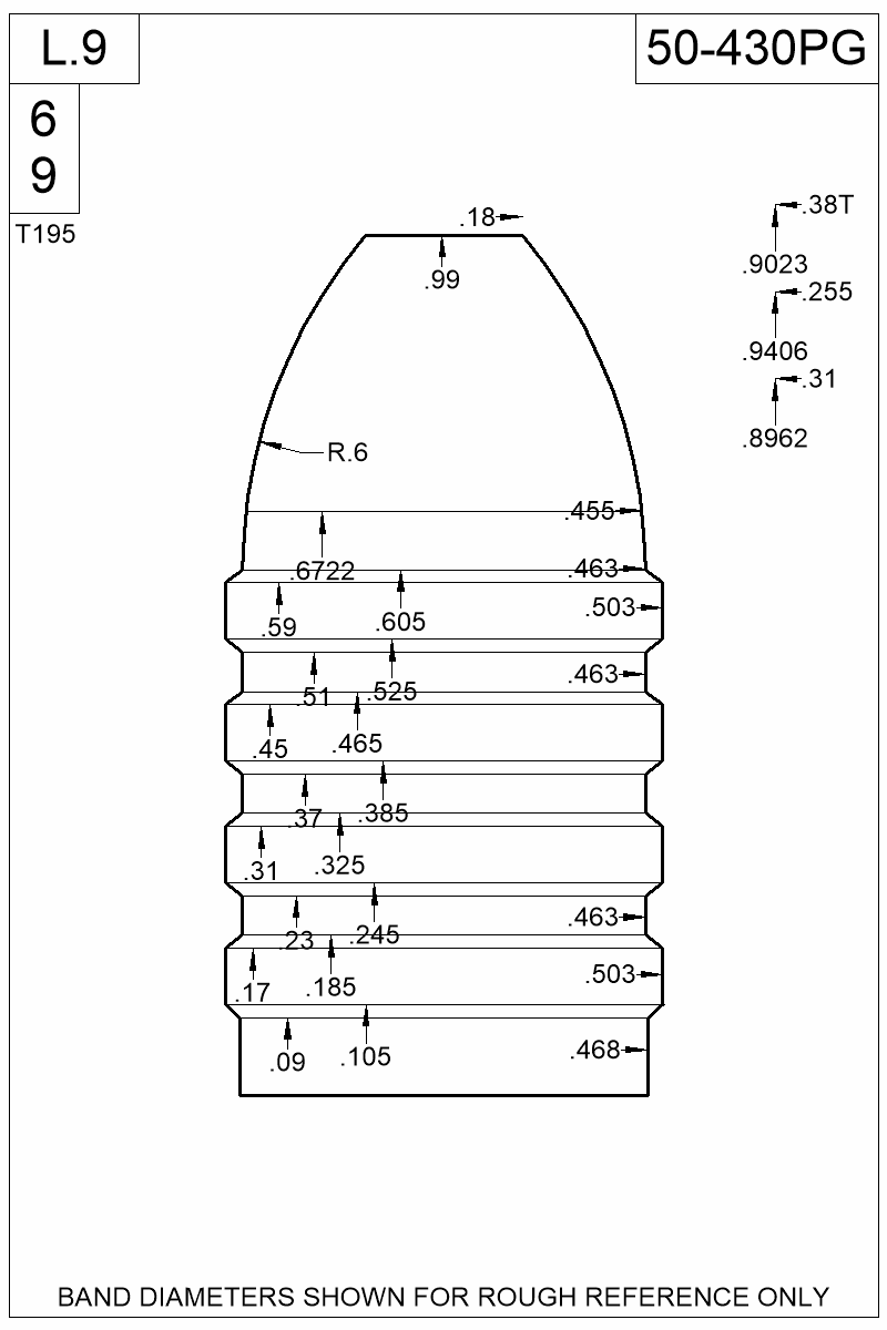Dimensioned view of bullet 50-430PG
