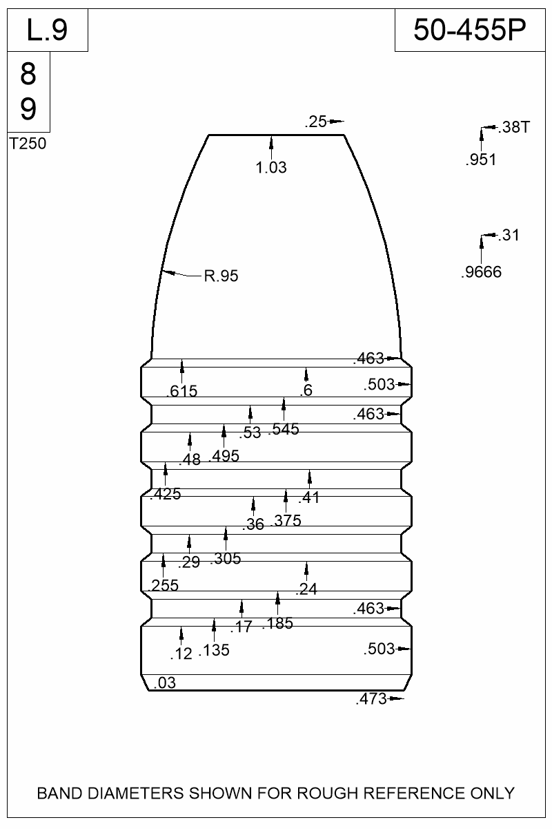 Dimensioned view of bullet 50-455P