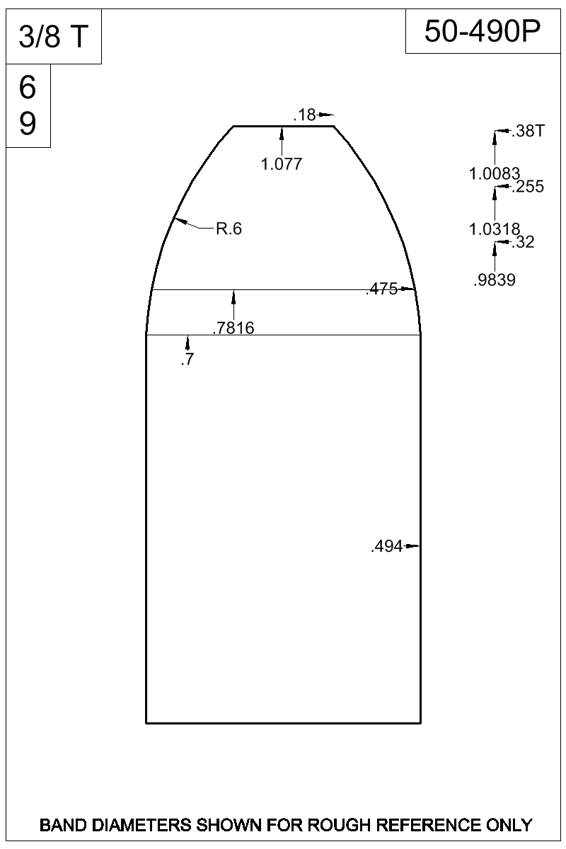Dimensioned view of bullet 50-490P