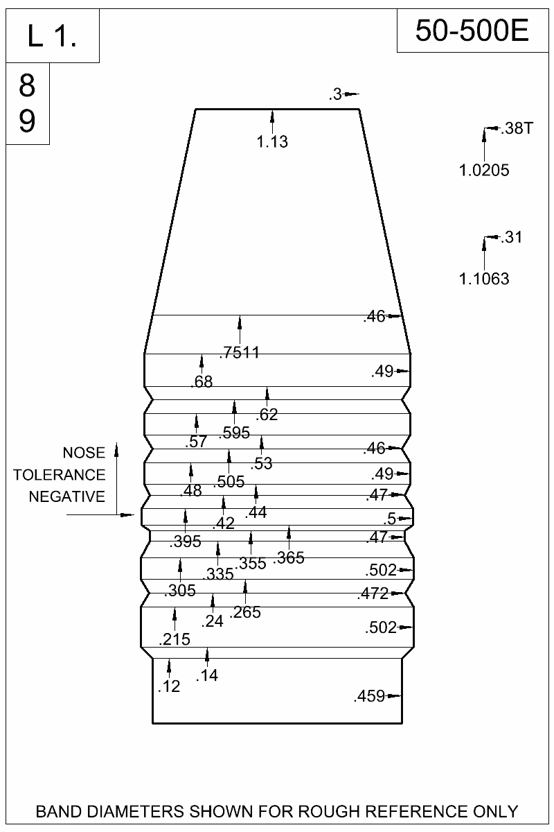 Dimensioned view of bullet 50-500E