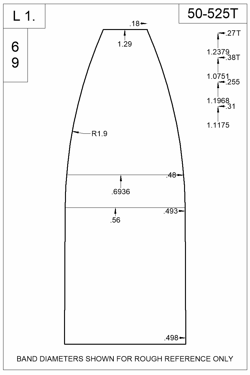 Dimensioned view of bullet 50-525T