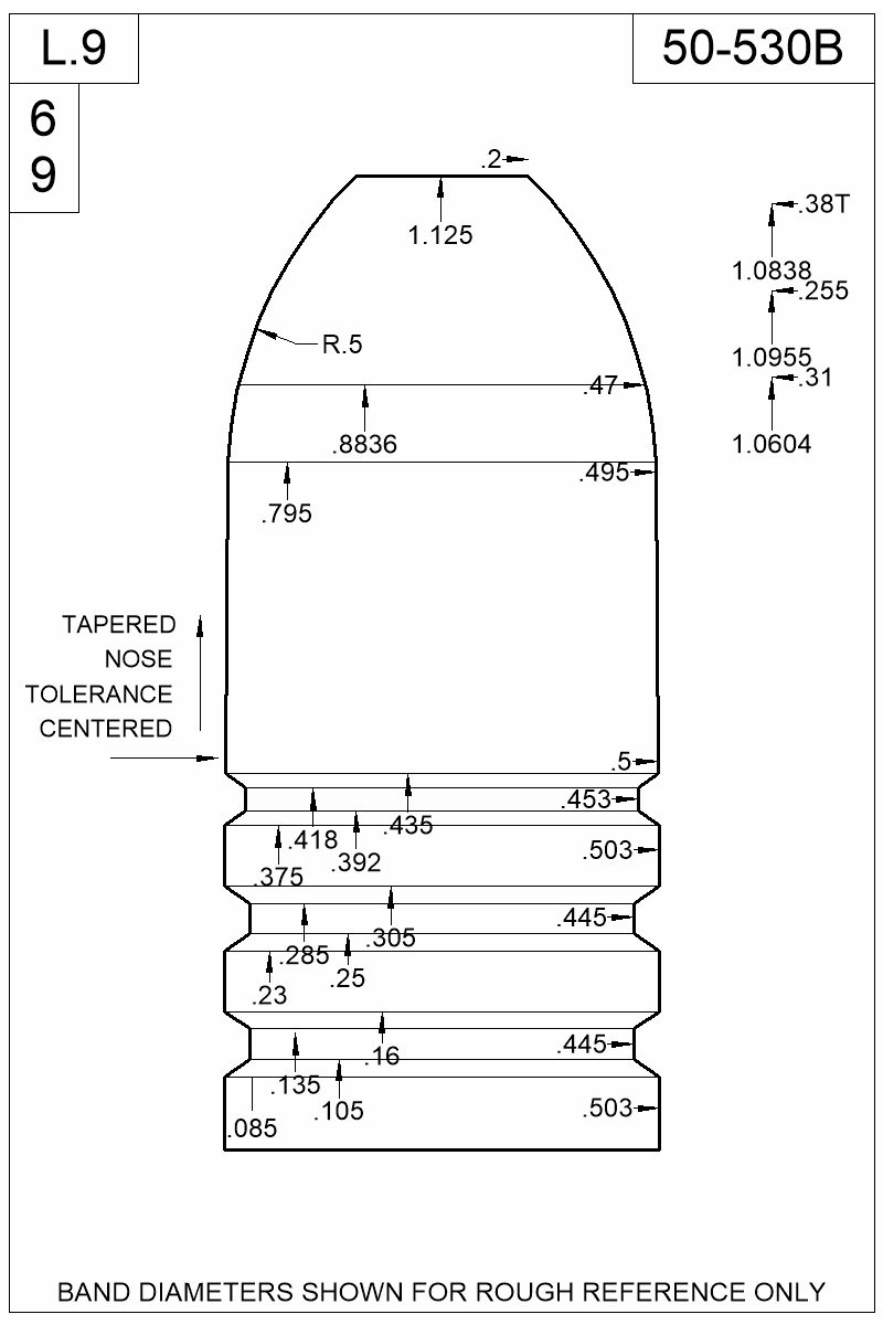 Dimensioned view of bullet 50-530B
