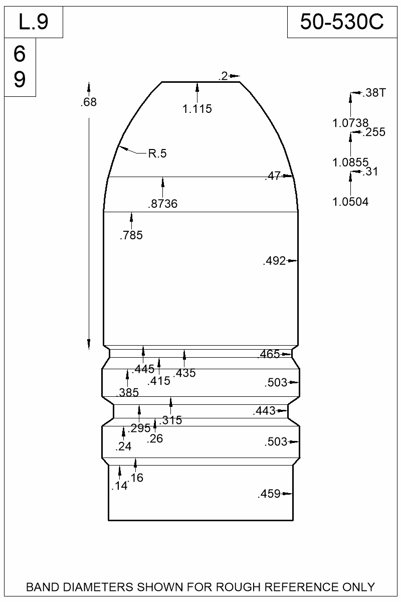 Dimensioned view of bullet 50-530C