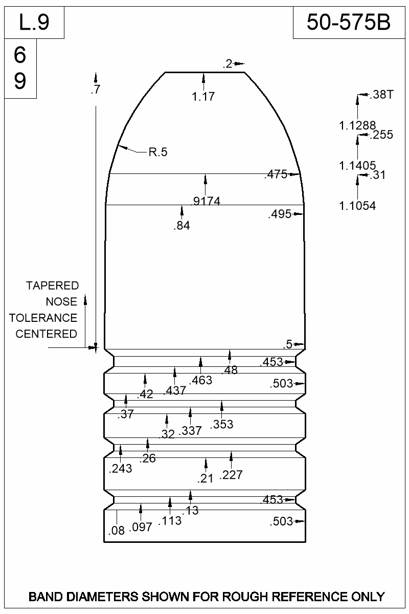Dimensioned view of bullet 50-575B