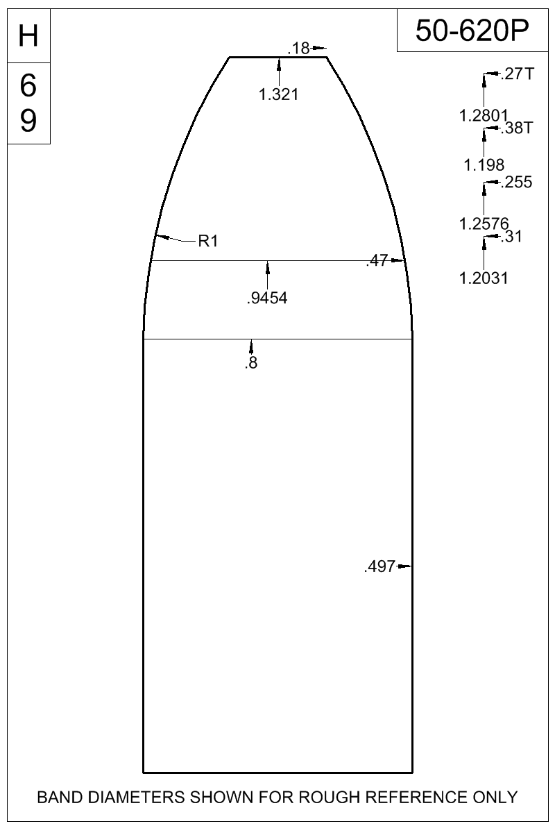 Dimensioned view of bullet 50-620P