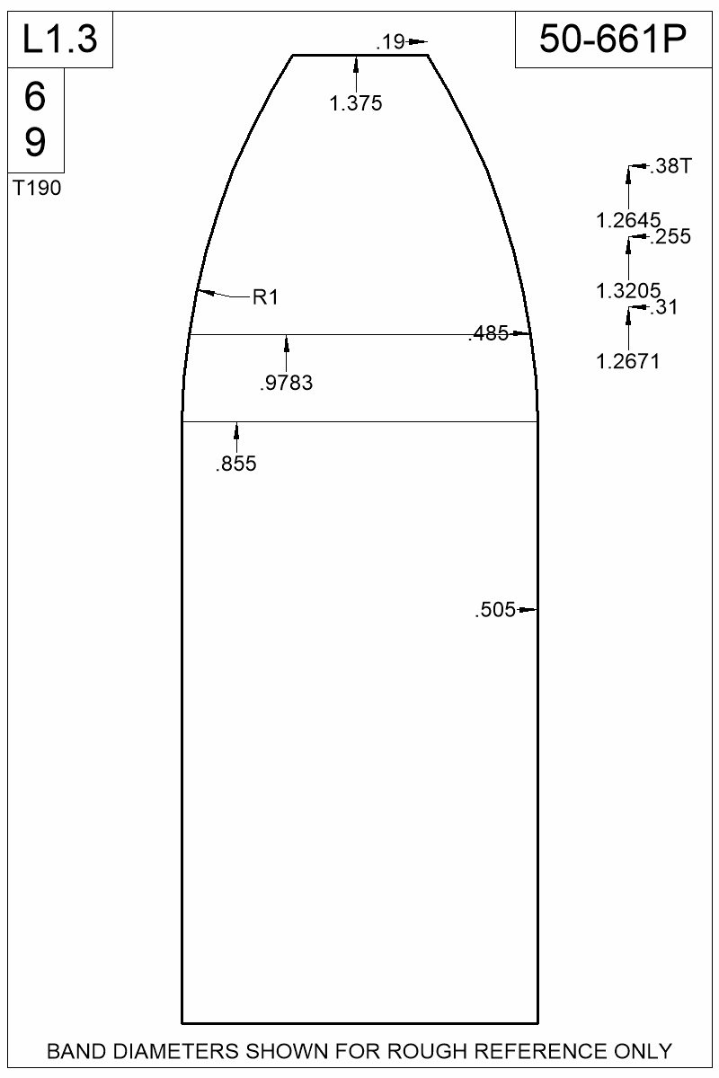 Dimensioned view of bullet 50-661P