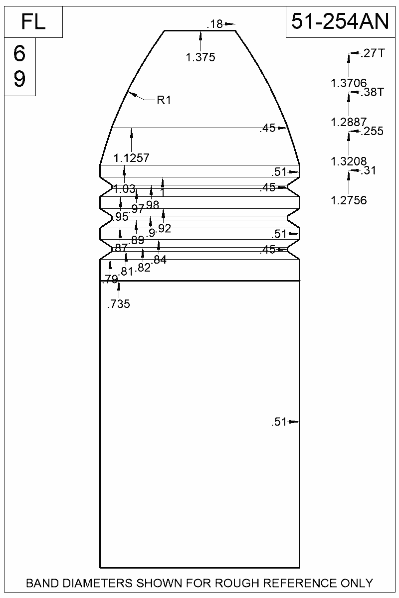 Dimensioned view of bullet 51-254AN