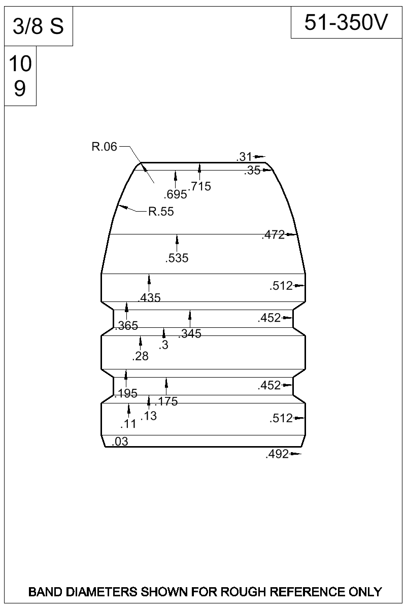 Dimensioned view of bullet 51-350V