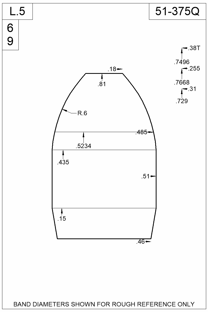 Dimensioned view of bullet 51-375Q