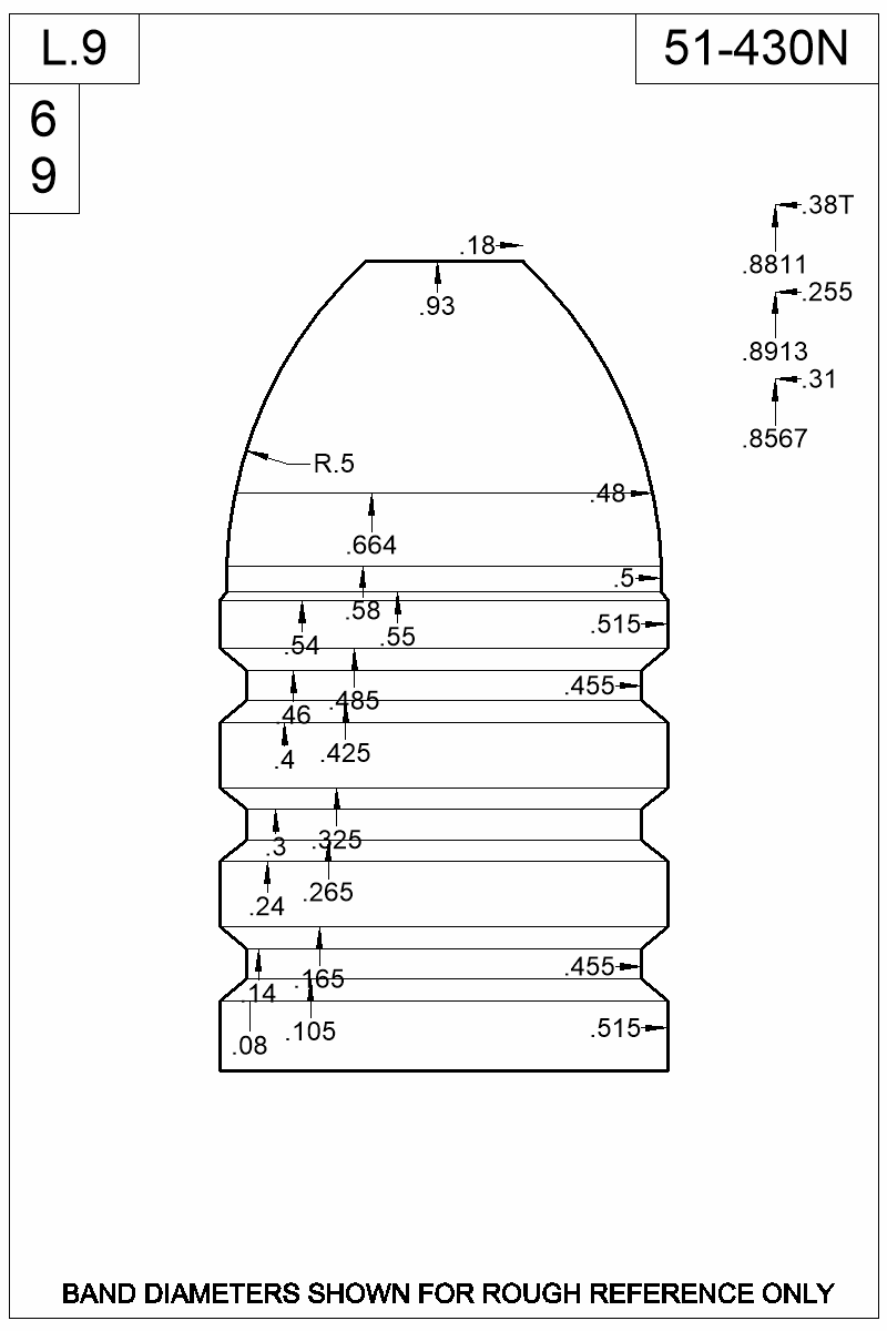 Dimensioned view of bullet 51-430N