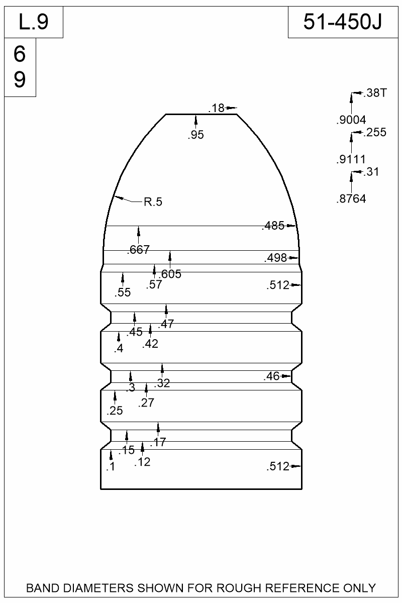 Dimensioned view of bullet 51-450J
