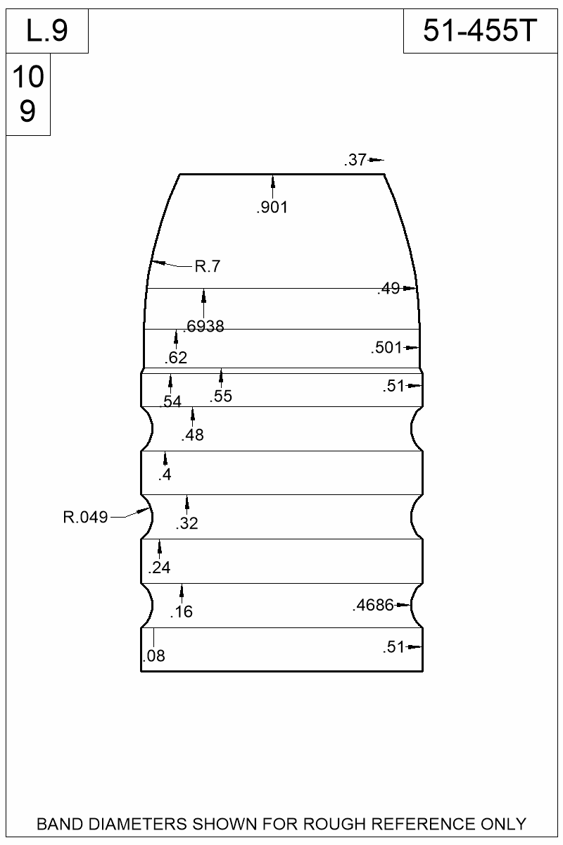 Dimensioned view of bullet 51-455T