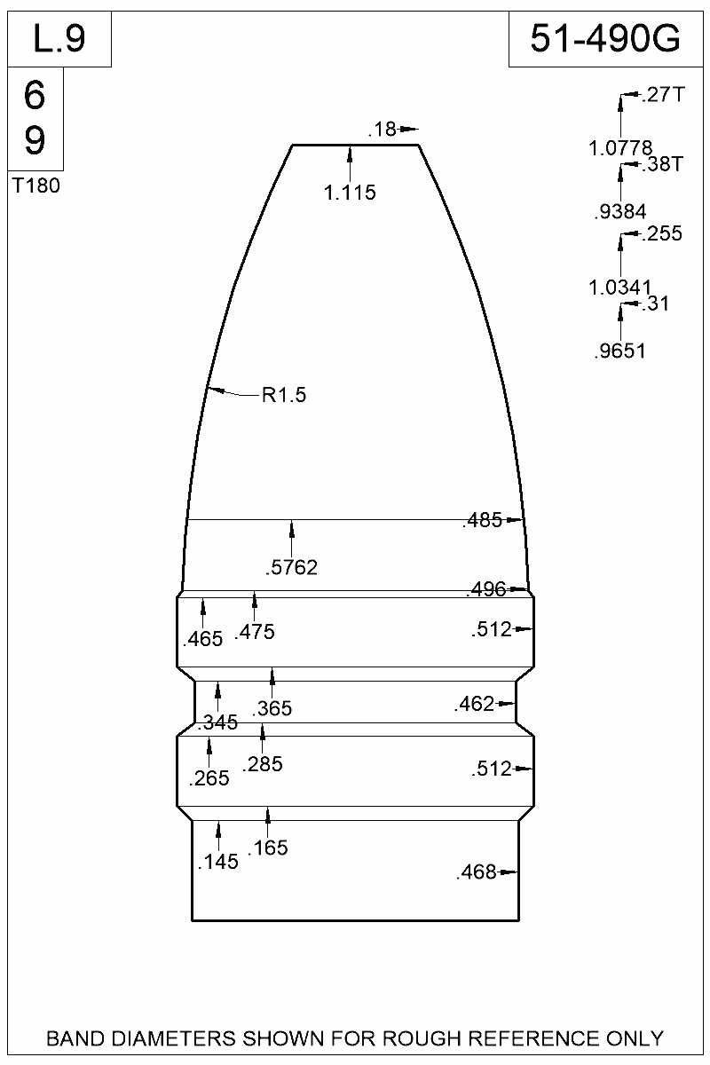 Dimensioned view of bullet 51-490G
