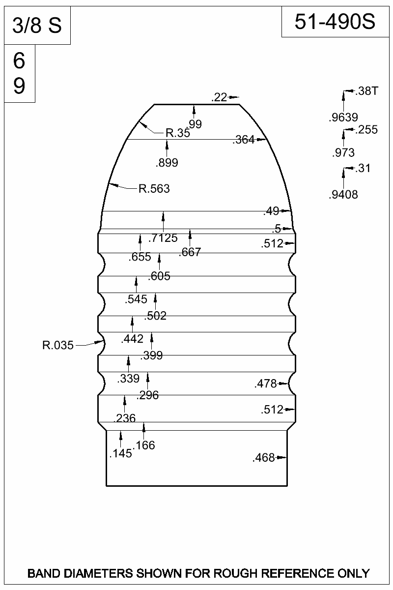 Dimensioned view of bullet 51-490S