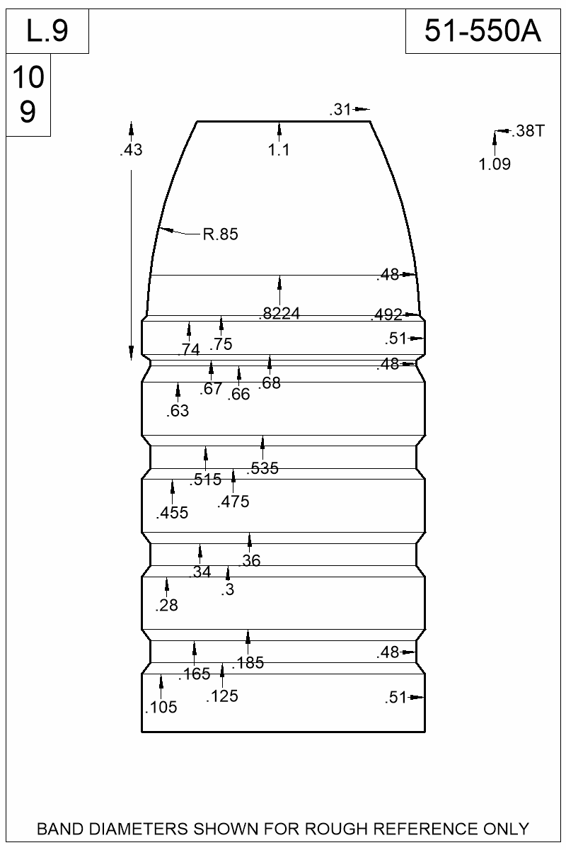Dimensioned view of bullet 51-550A