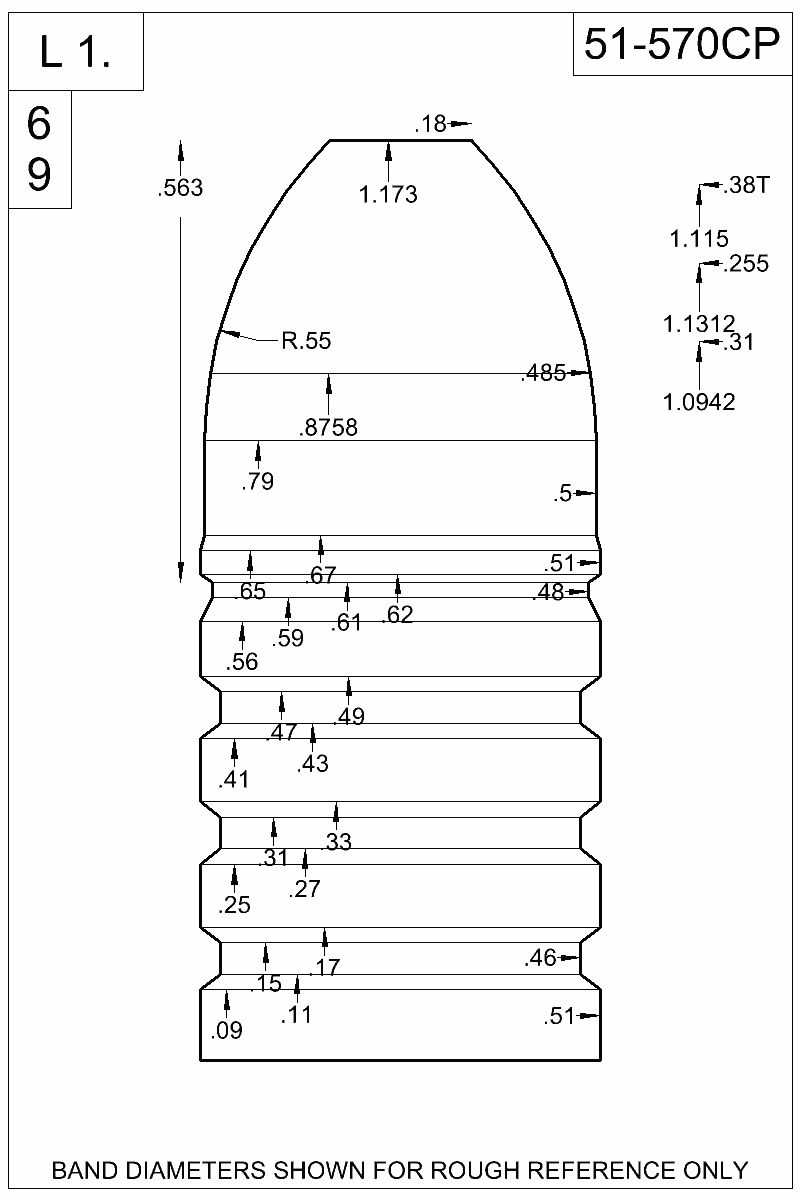 Dimensioned view of bullet 51-570CP