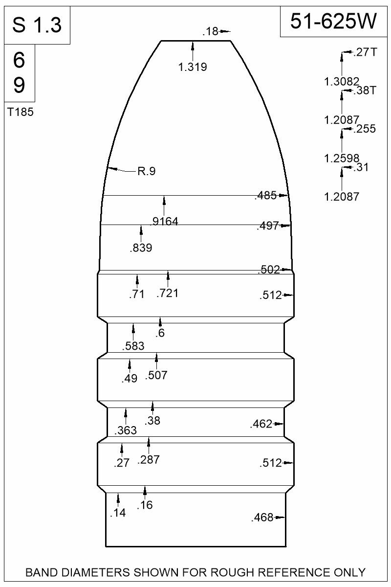 Dimensioned view of bullet 51-625W