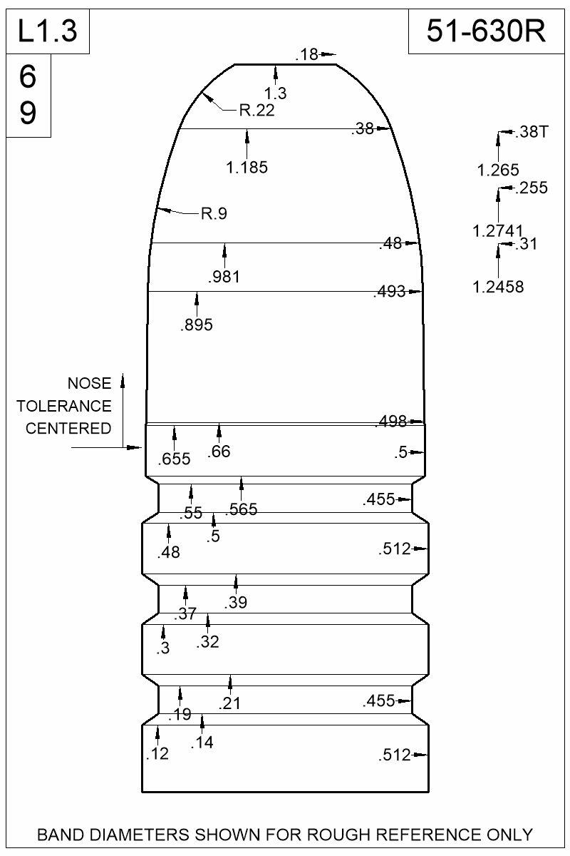 Dimensioned view of bullet 51-630R