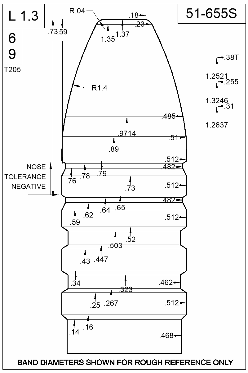 Dimensioned view of bullet 51-655S