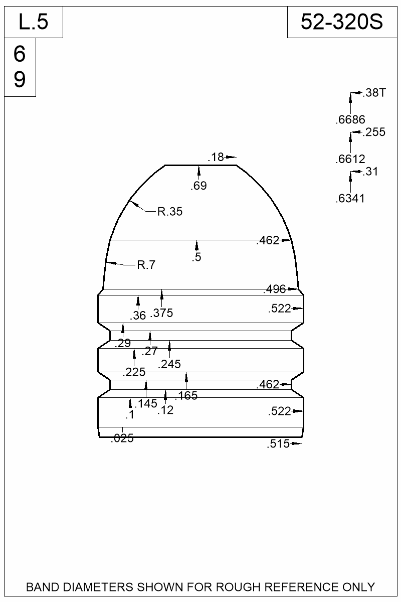 Dimensioned view of bullet 52-320S