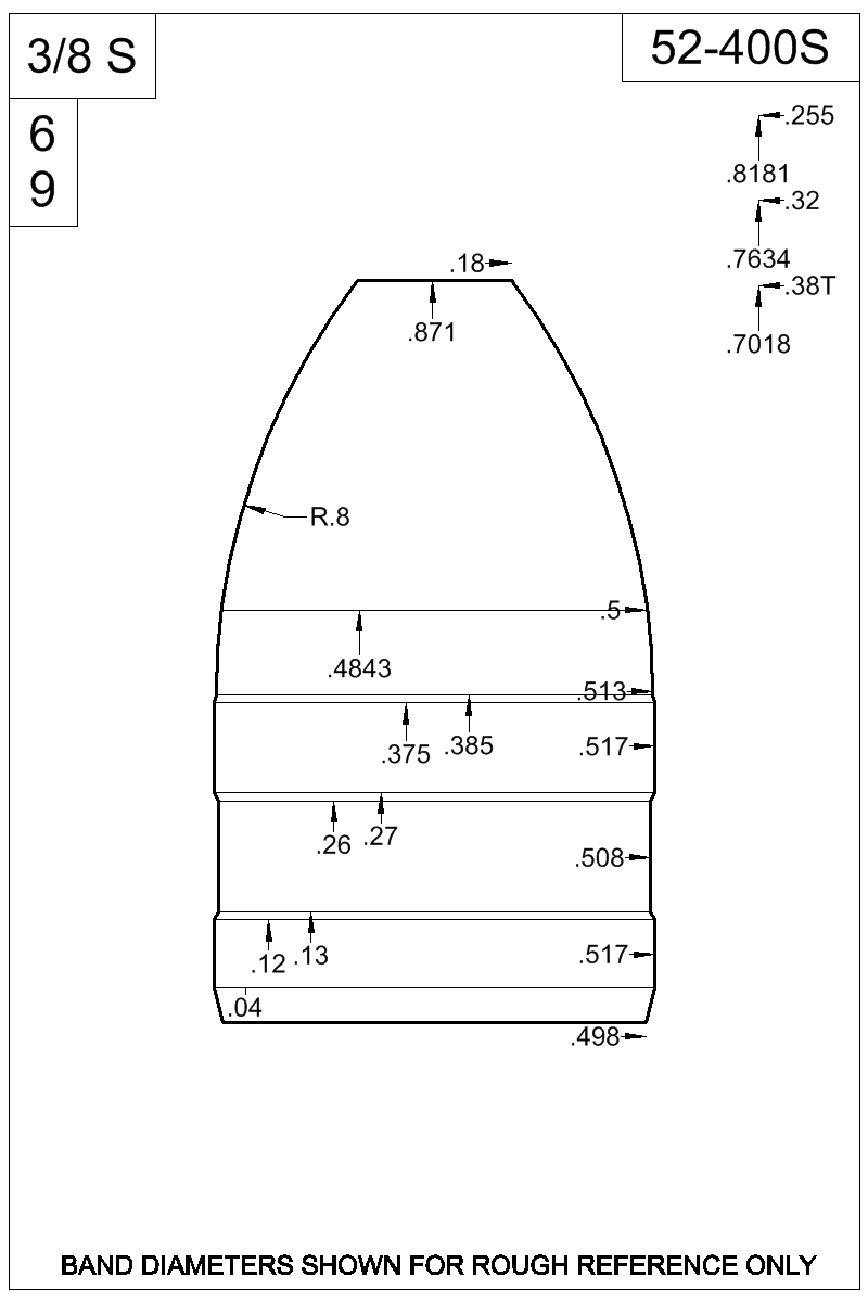 Dimensioned view of bullet 52-400S