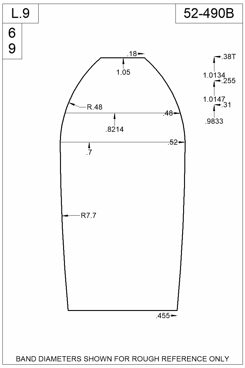Dimensioned view of bullet 52-490B