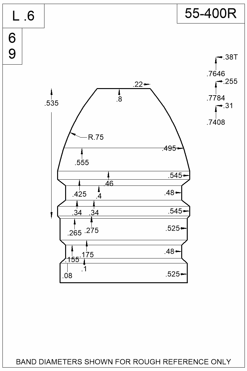 Dimensioned view of bullet 55-400R
