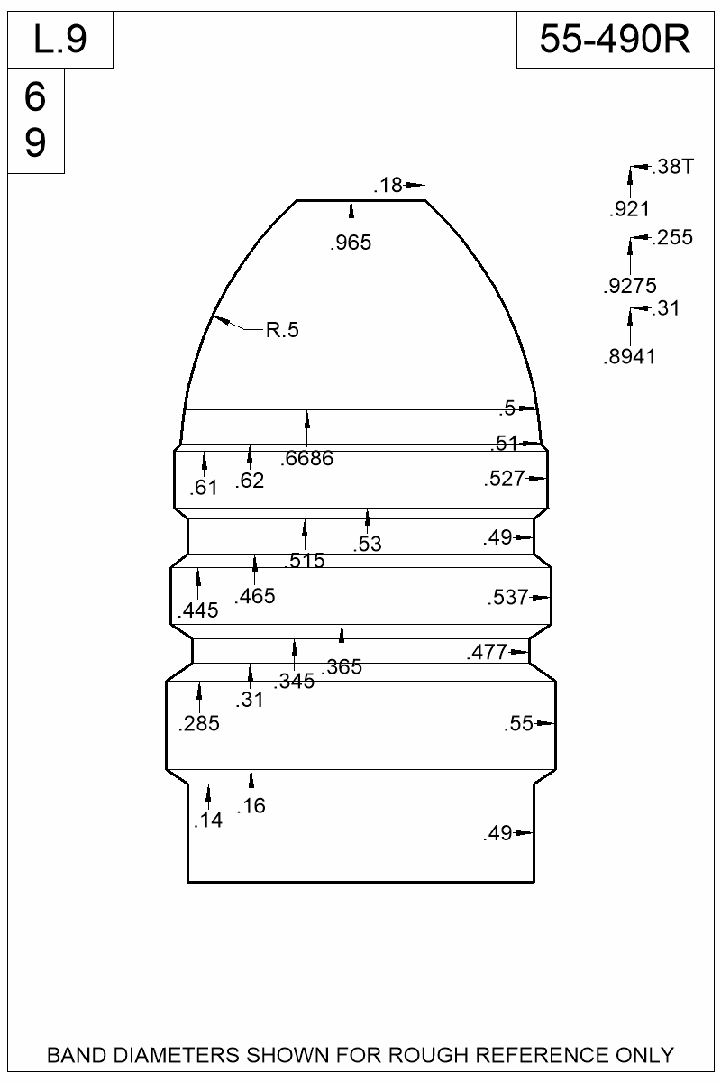 Dimensioned view of bullet 55-490R