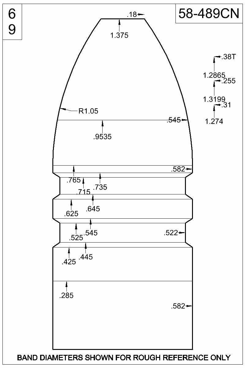 Dimensioned view of bullet 58-489CN