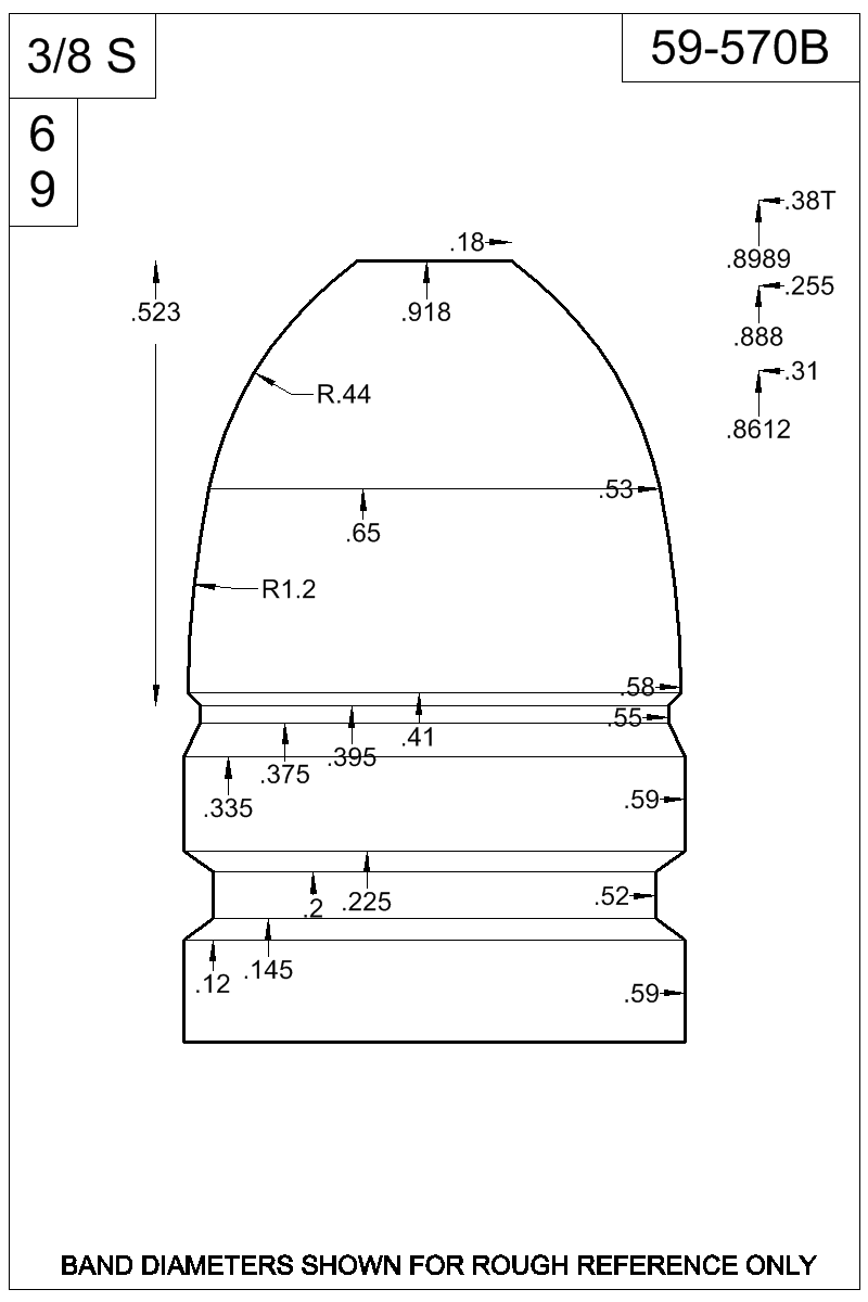 Accurate Molds catalog #59-570B Dimensioned view of bullet 59-570B