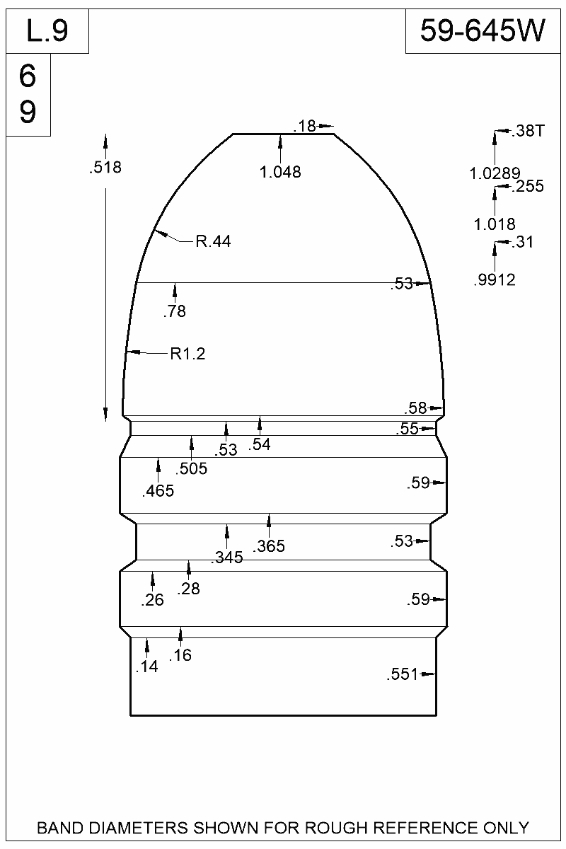 Dimensioned view of bullet 59-645W