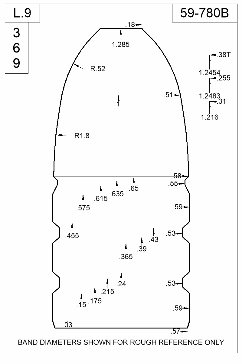 Dimensioned view of bullet 59-780B