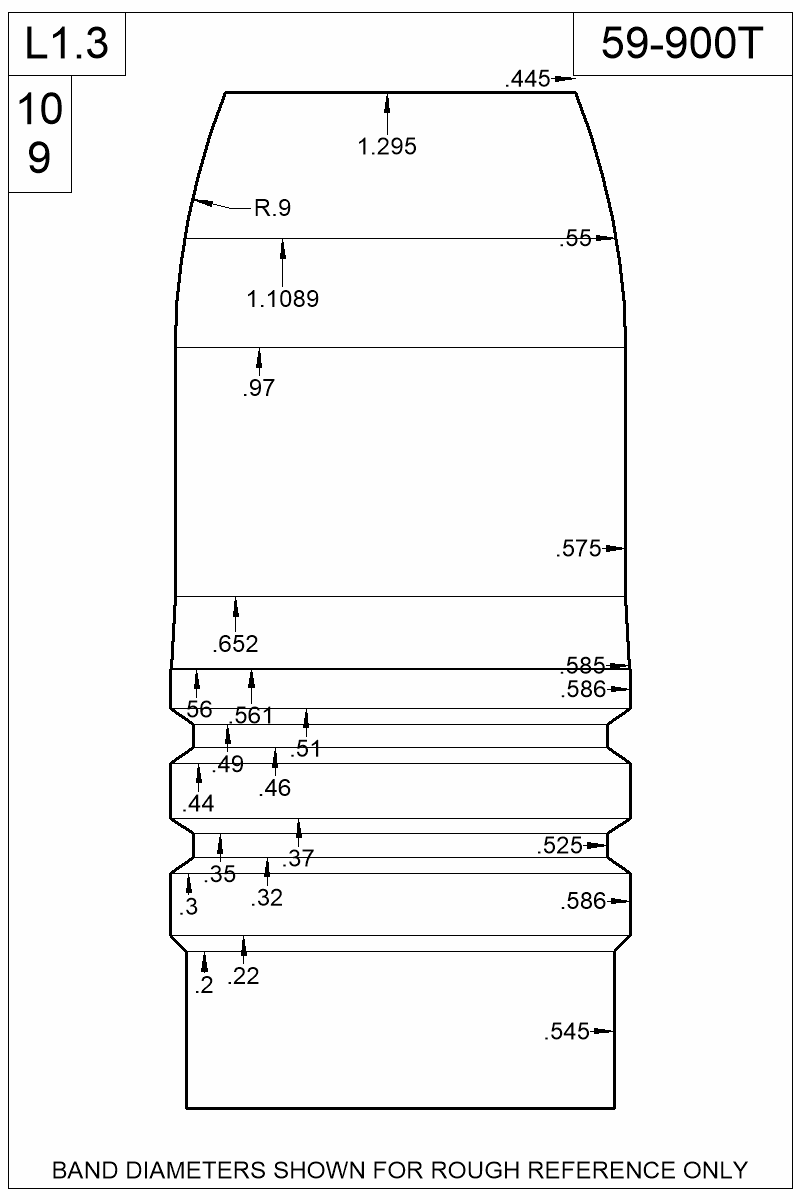 Accurate Molds catalog #59-900T Dimensioned view of bullet 59-900T