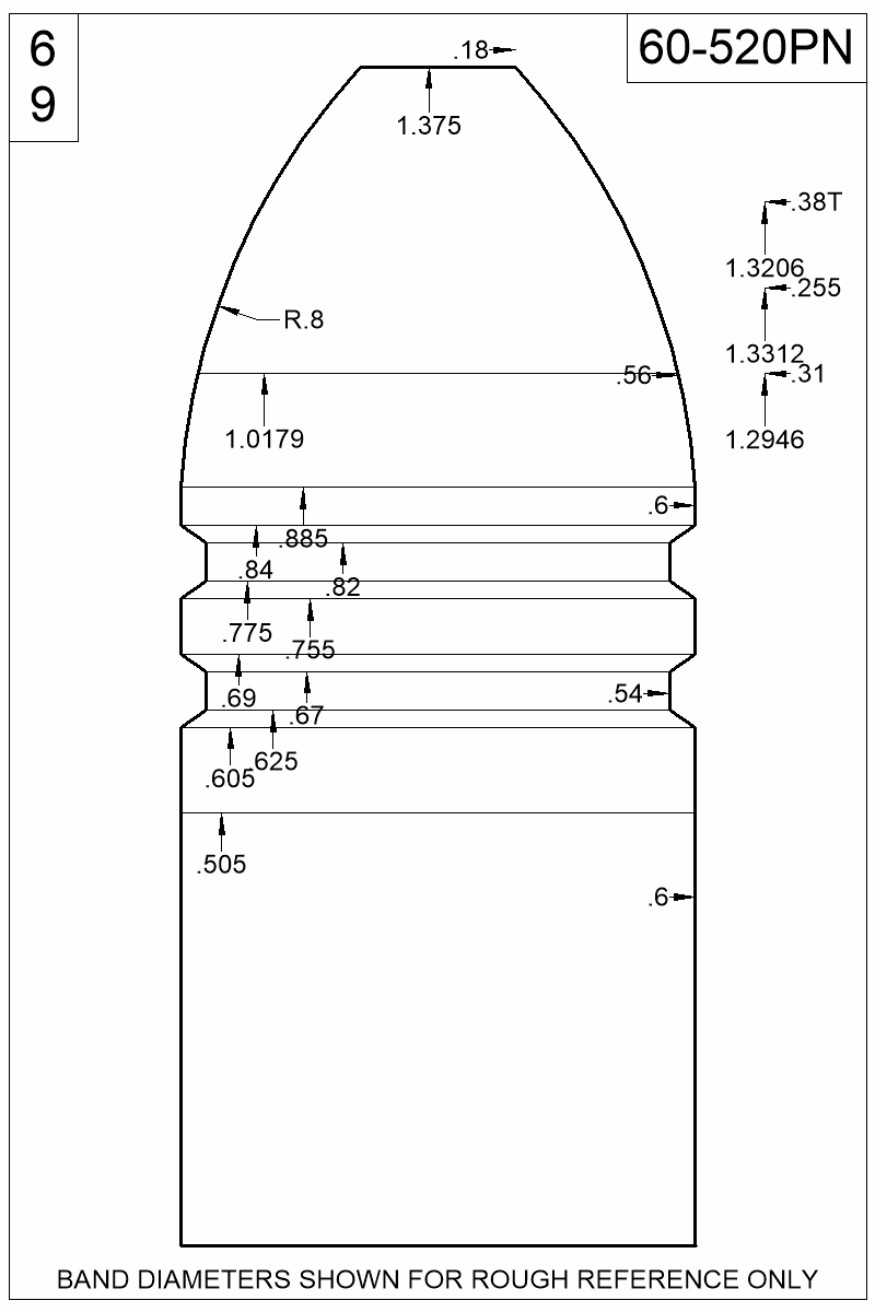 Dimensioned view of bullet 60-520PN