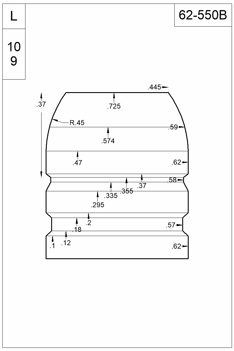 Dimensioned view of bullet 62-550B