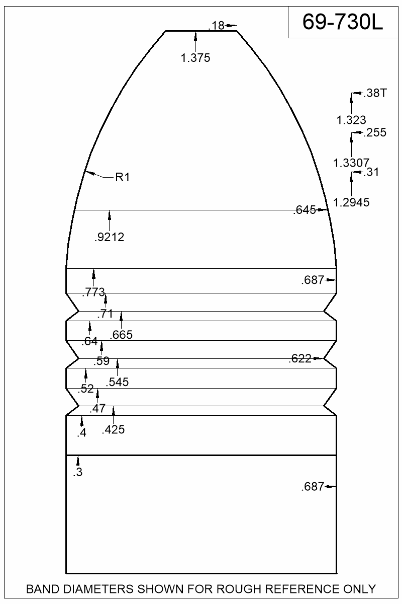 Dimensioned view of bullet 69-730L