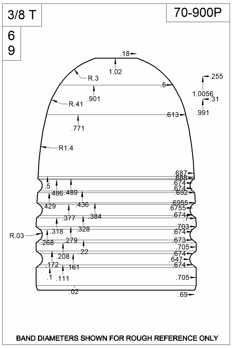 Dimensioned view of bullet 70-900P