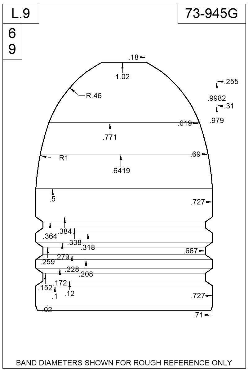 Dimensioned view of bullet 73-945G
