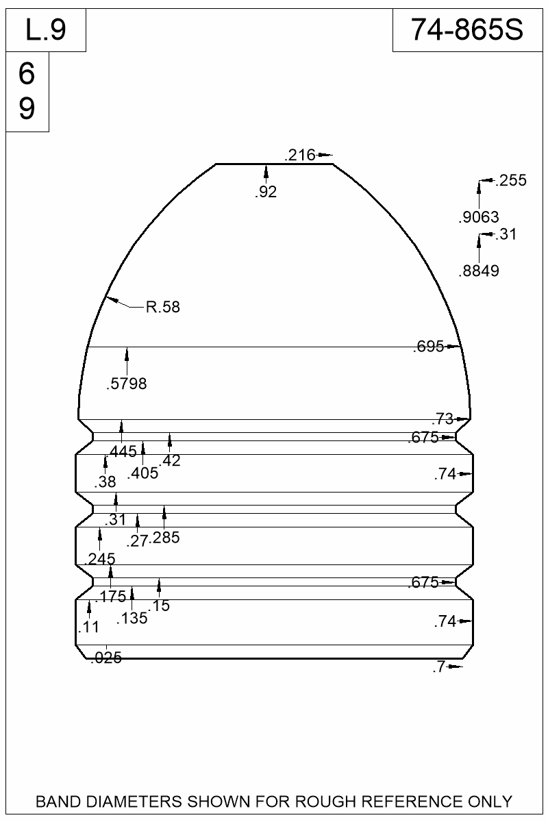 Dimensioned view of bullet 74-865S
