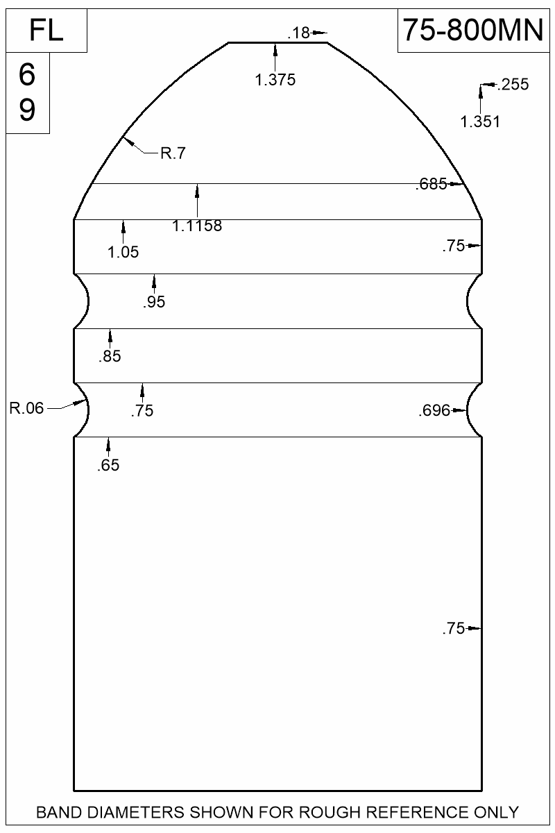 Dimensioned view of bullet 75-800MN
